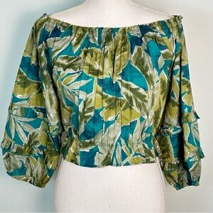 Rachel Zoe Tropical Leaf Print Off-The-Shoulder Pleated Crop Top